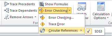 Error Checking/Circular References option Screen shot of Error Checking/Circular References option